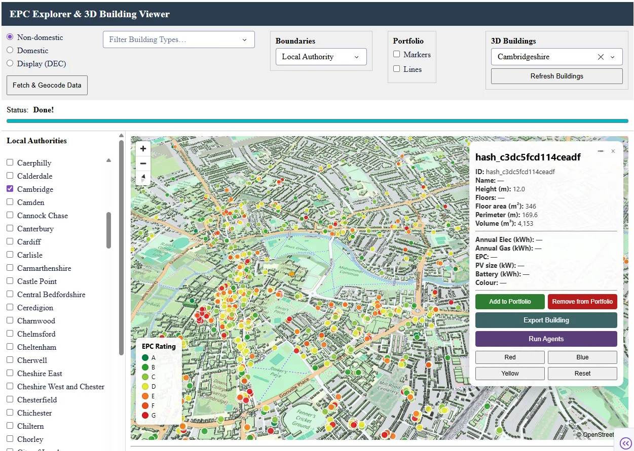 The EPC Explorer application: a map of Cambridge scattered with colour-coded EPC rating markers, a local authority filter list, and a building detail panel showing height, floor area and volume