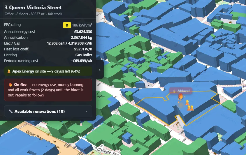 Game screenshot of a building on fire: the info panel reads 'On fire — no energy use, money burning and all work frozen for 2 days until the blaze is out'