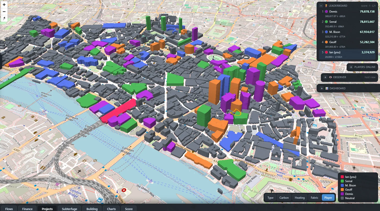 The decarbonisation game in progress: a 3D City of London where each building is coloured by the player who retrofitted it, five players' territories in green, blue, orange, purple and red