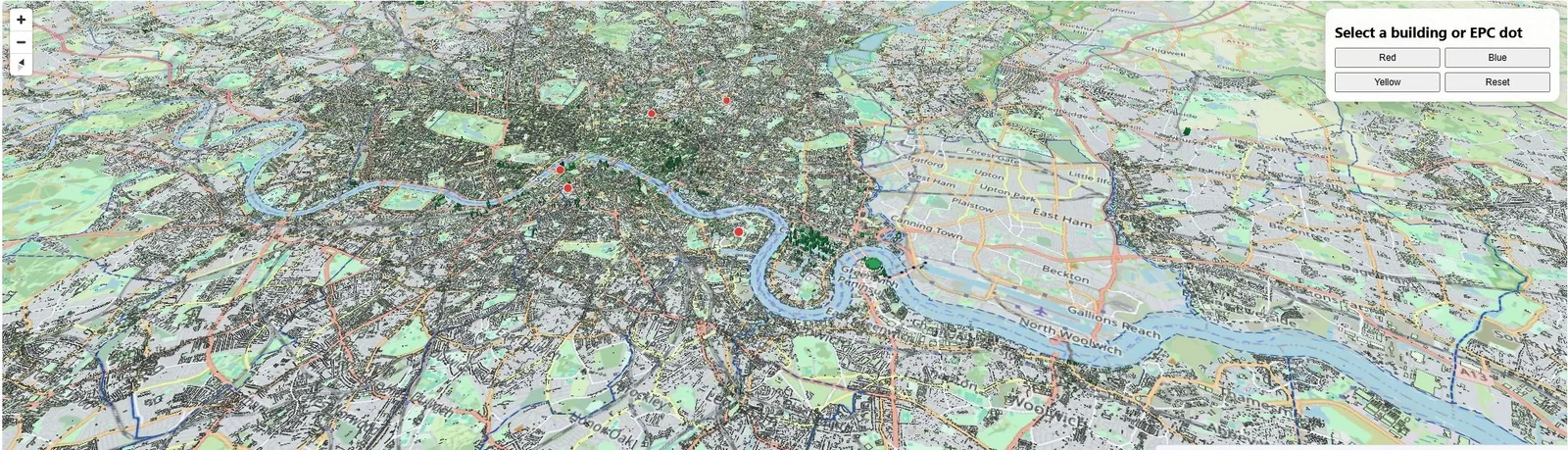 Very wide 3D rendering of Greater London's building stock, Thames winding through the middle